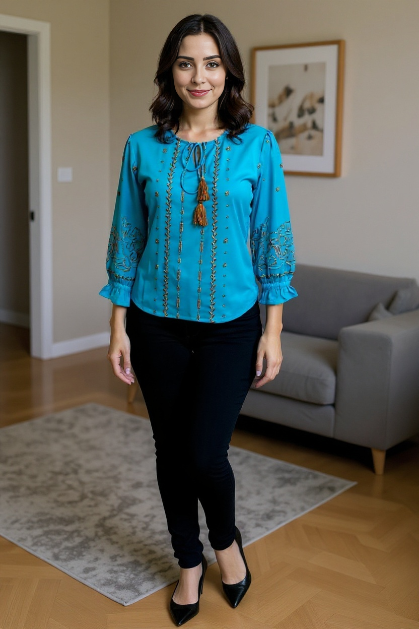 Teal Blue Embroidered Tassel Tie-Up Top