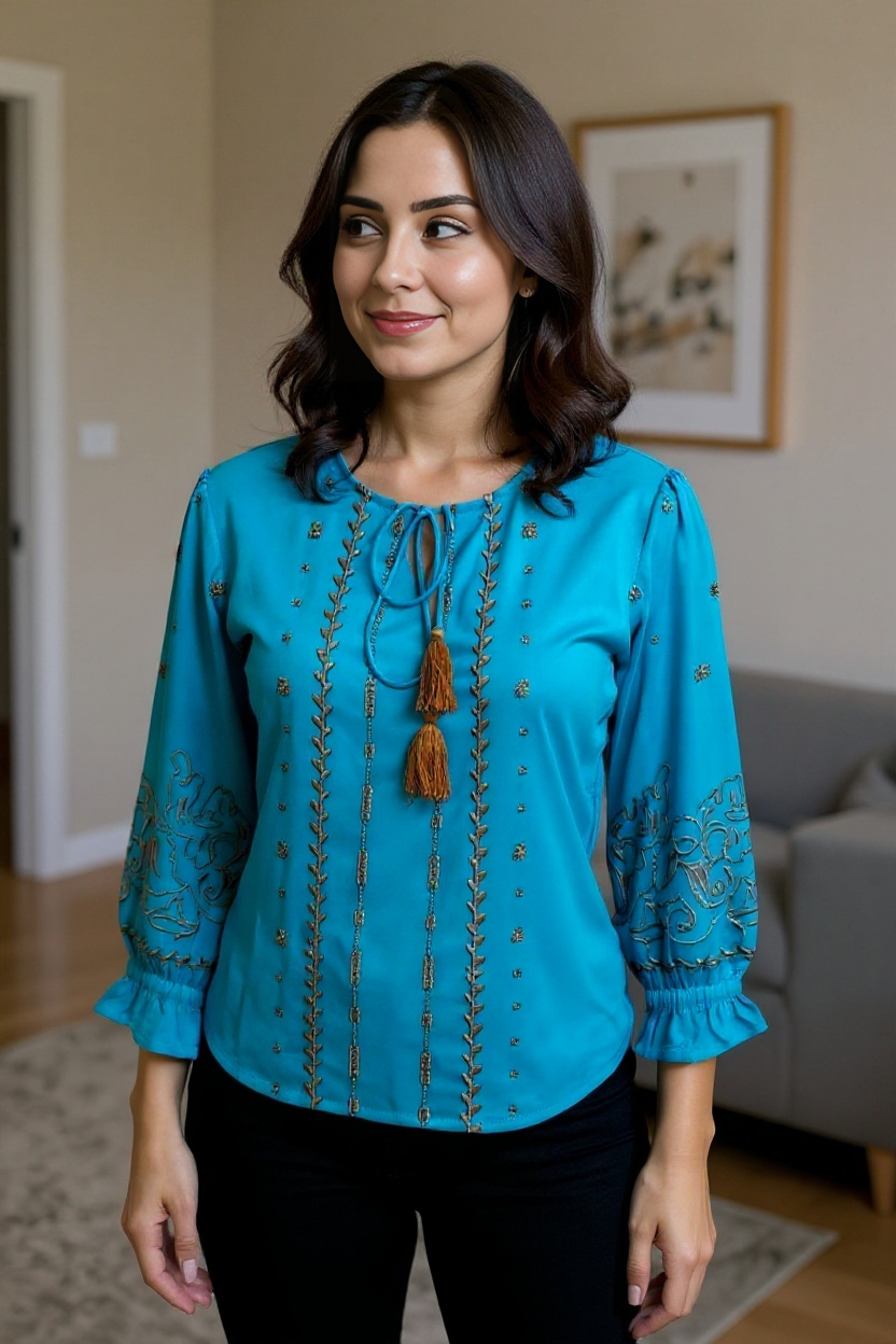 Teal Blue Embroidered Tassel Tie-Up Top