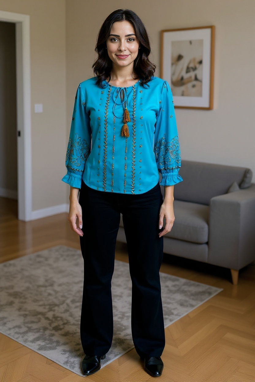 Teal Blue Embroidered Tassel Tie-Up Top