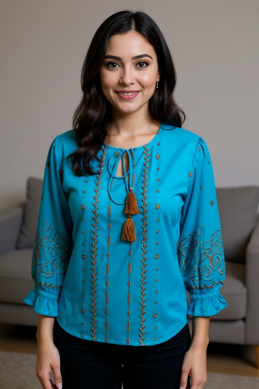 Teal Blue Embroidered Tassel Tie-Up Top