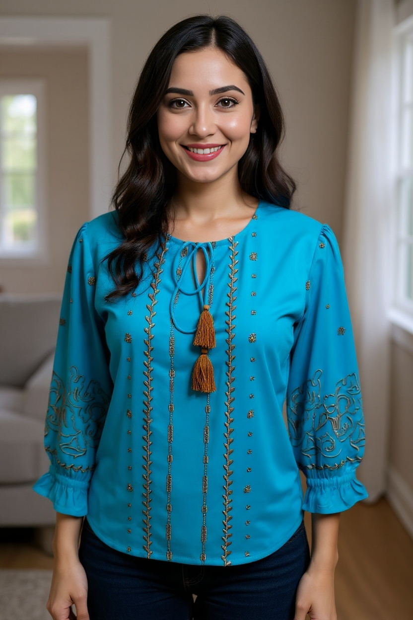 Teal Blue Embroidered Tassel Tie-Up Top