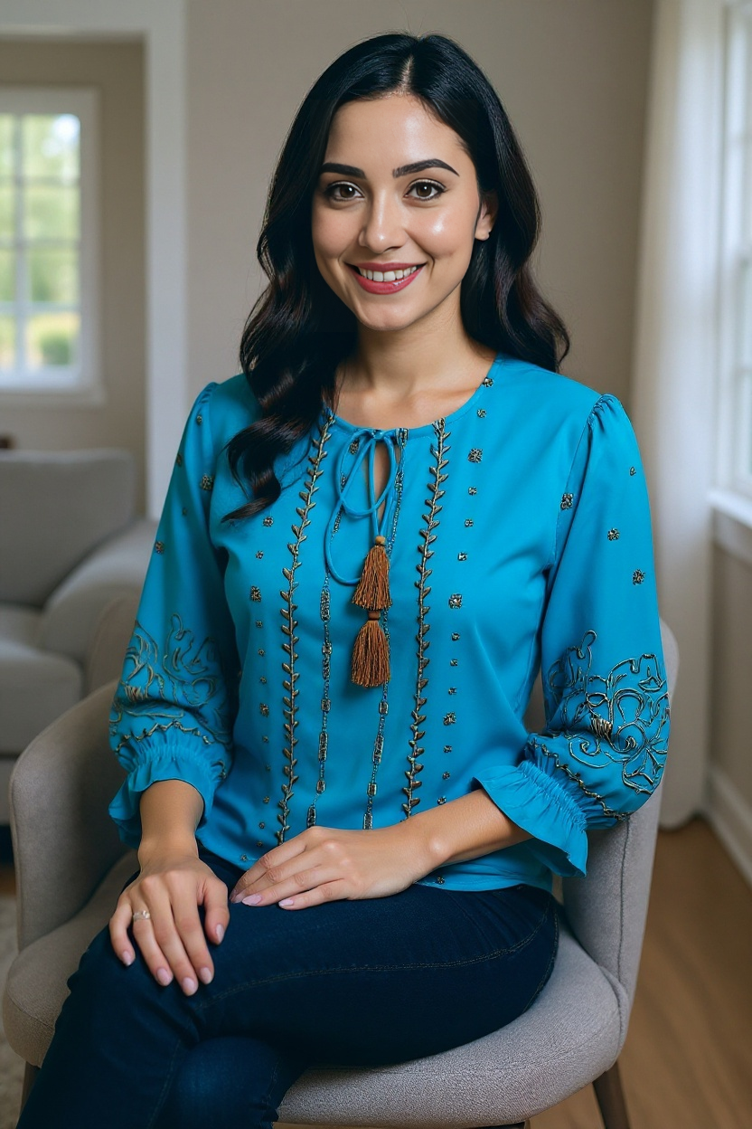 Teal Blue Embroidered Tassel Tie-Up Top