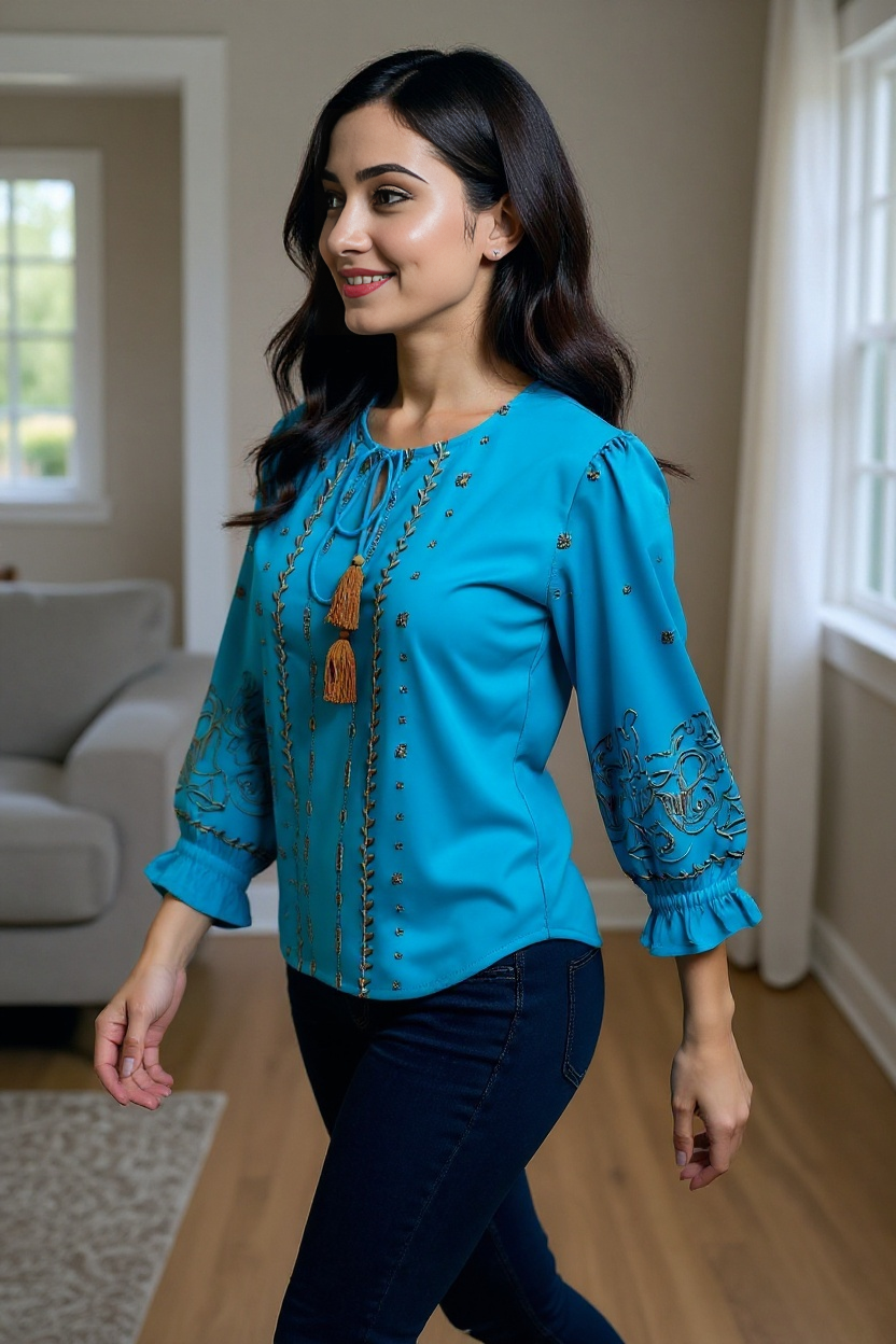 Teal Blue Embroidered Tassel Tie-Up Top