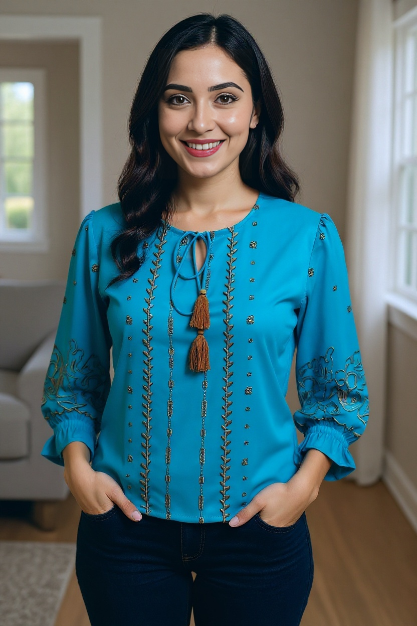 Teal Blue Embroidered Tassel Tie-Up Top
