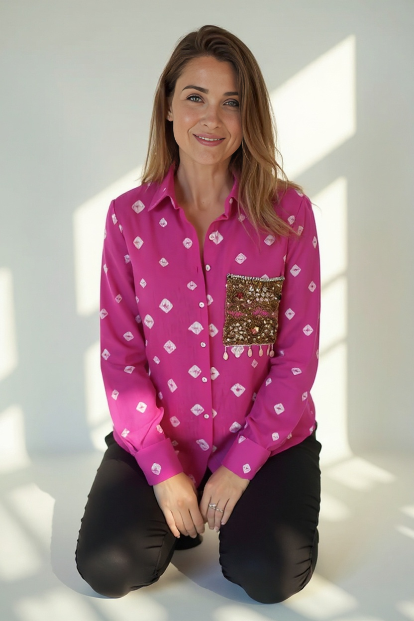 Pink Bandhani Patchwork Pocket Shirt – Handmade Boho Chic
