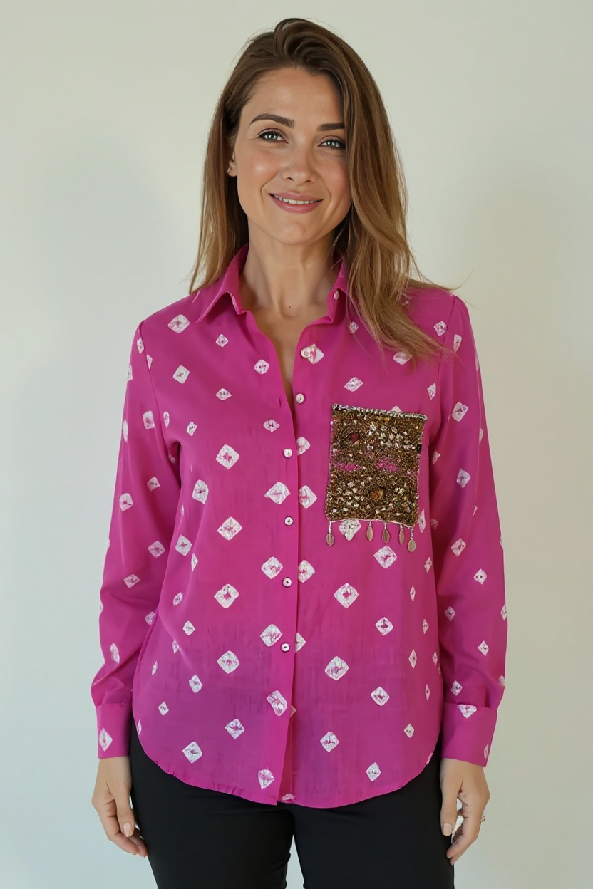 Pink Bandhani Patchwork Pocket Shirt – Handmade Boho Chic