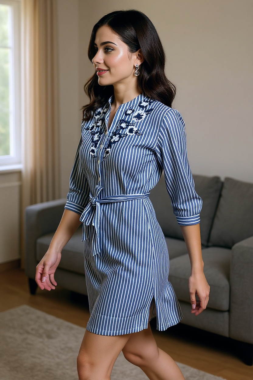 Blue Striped Shirt Dress with Floral Embroidery & Waist Tie