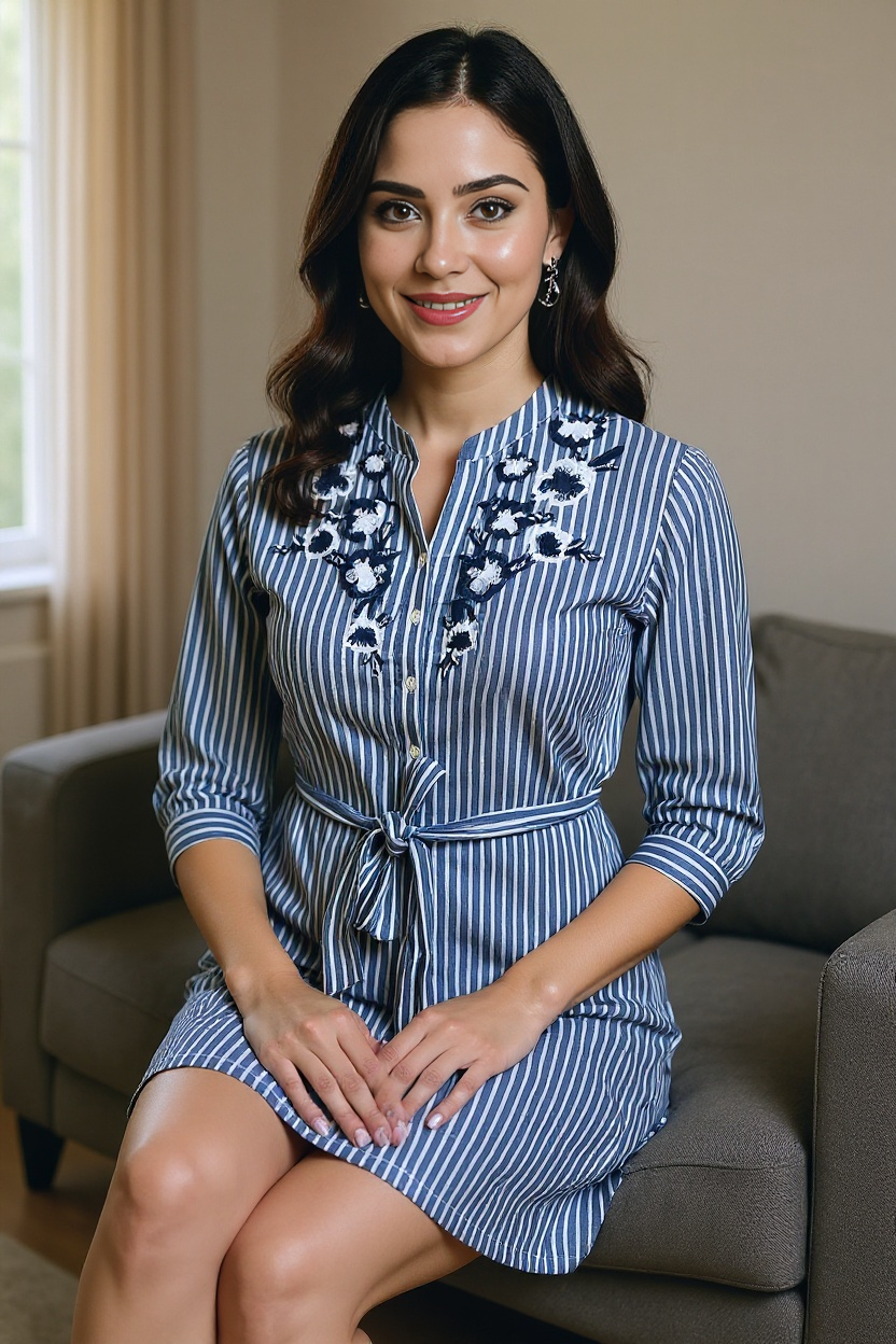 Blue Striped Shirt Dress with Floral Embroidery & Waist Tie