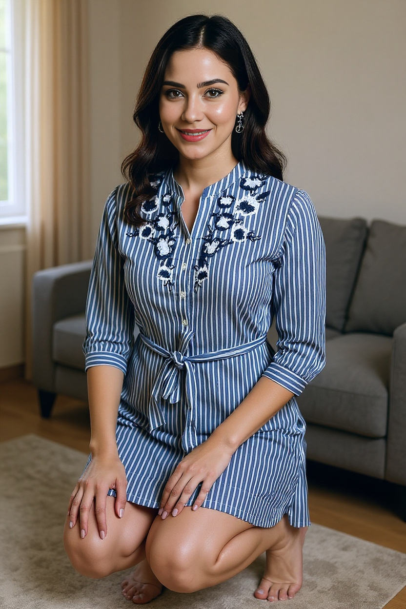 Blue Striped Shirt Dress with Floral Embroidery & Waist Tie