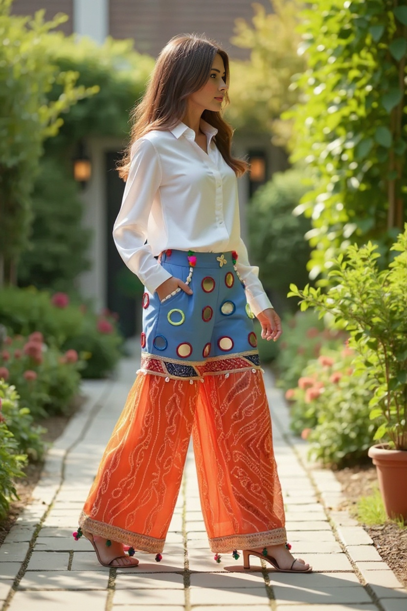 Bandhani Fusion Palazzo Pants with Mirror Work & Pompom Hand Embroidery