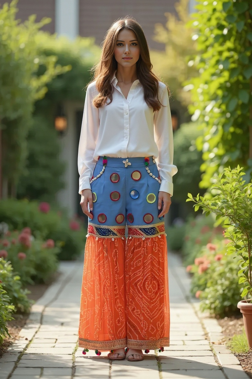 Bandhani Fusion Palazzo Pants with Mirror Work & Pompom Hand Embroidery