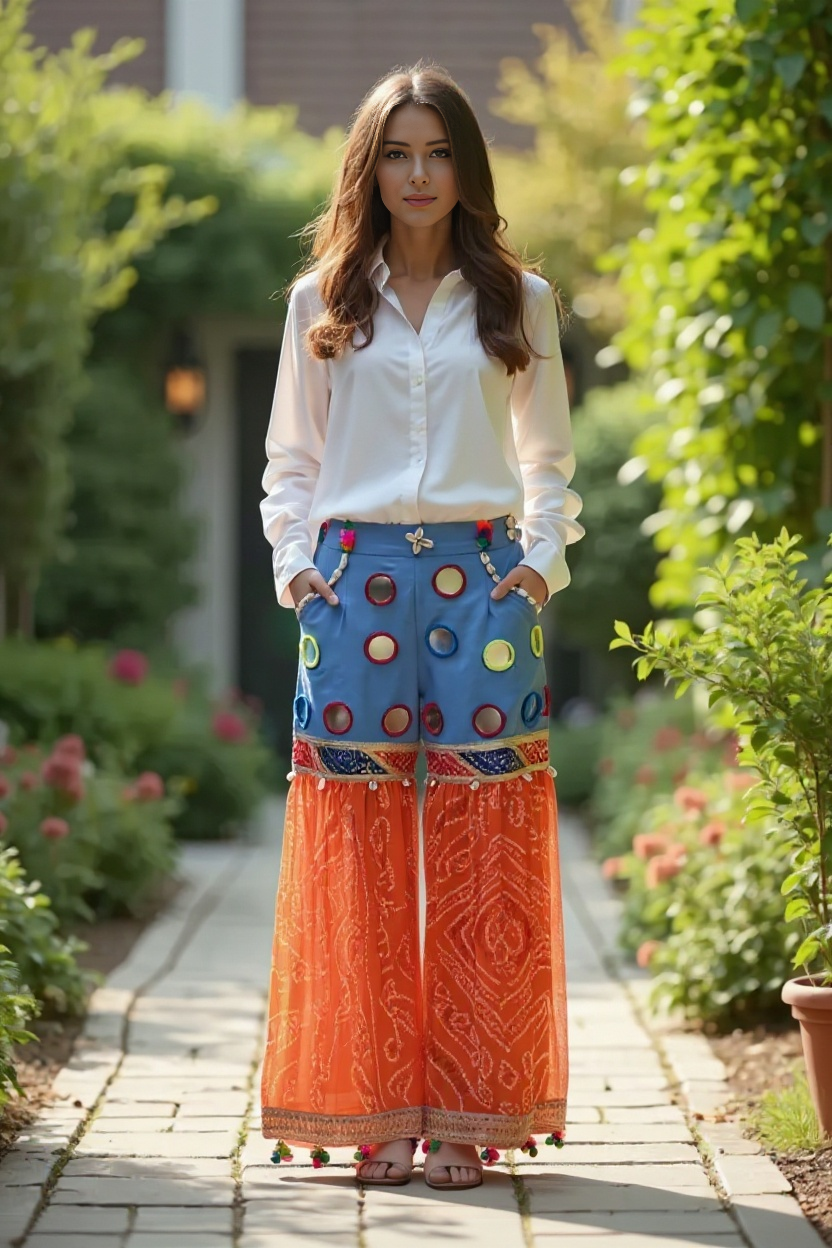 Bandhani Fusion Palazzo Pants with Mirror Work & Pompom Hand Embroidery