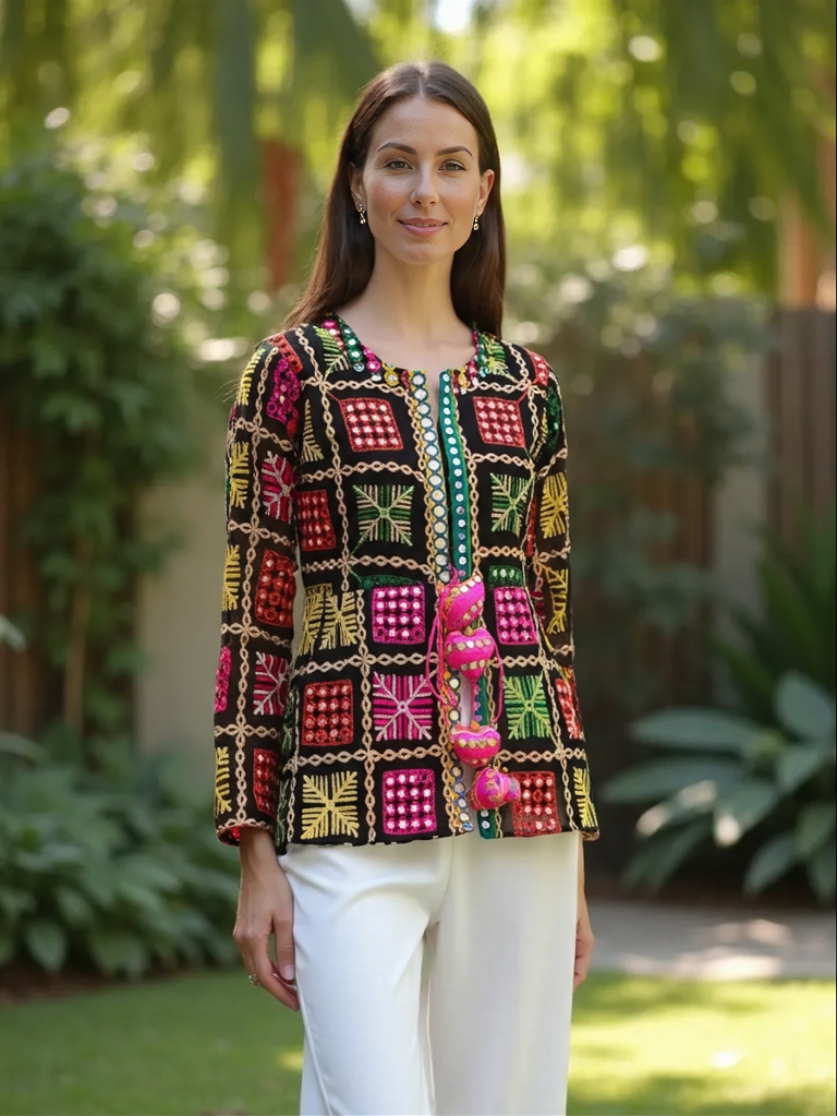 Boho Phulkari Mirror Work Kurti – Multicolor Embroidered Jacket Style