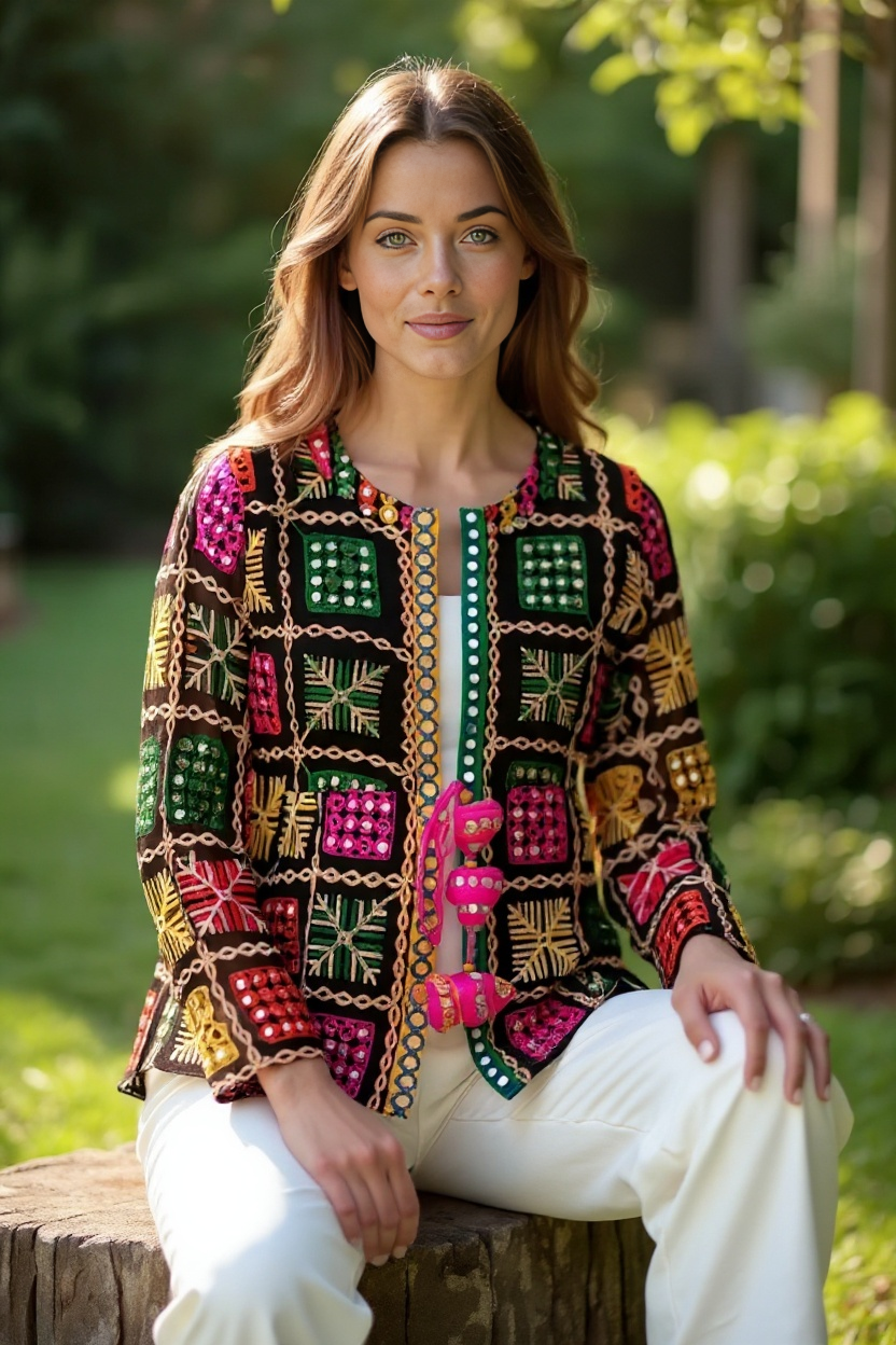 Boho Phulkari Mirror Work Kurti – Multicolor Embroidered Jacket Style