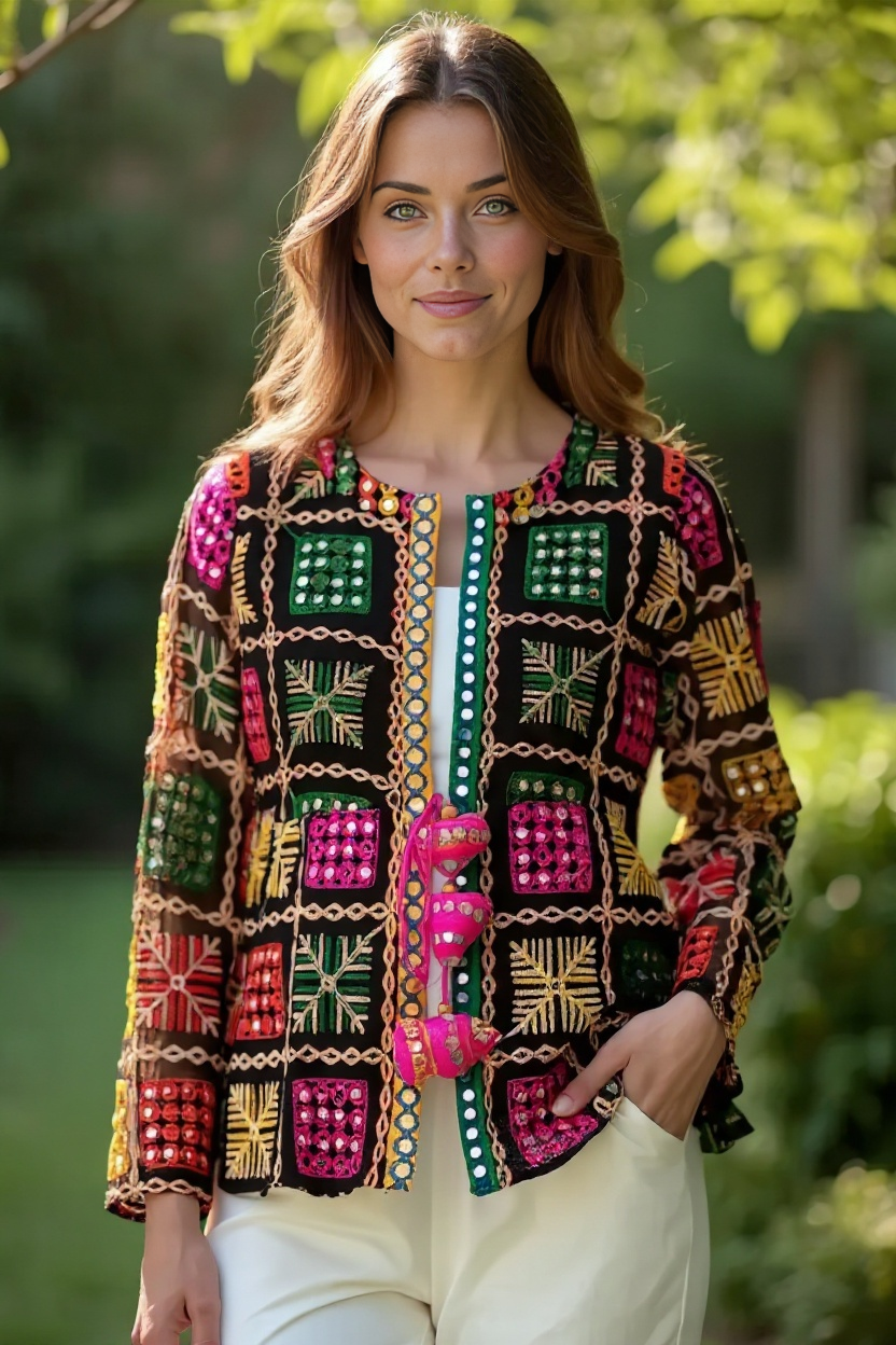 Boho Phulkari Mirror Work Kurti – Multicolor Embroidered Jacket Style