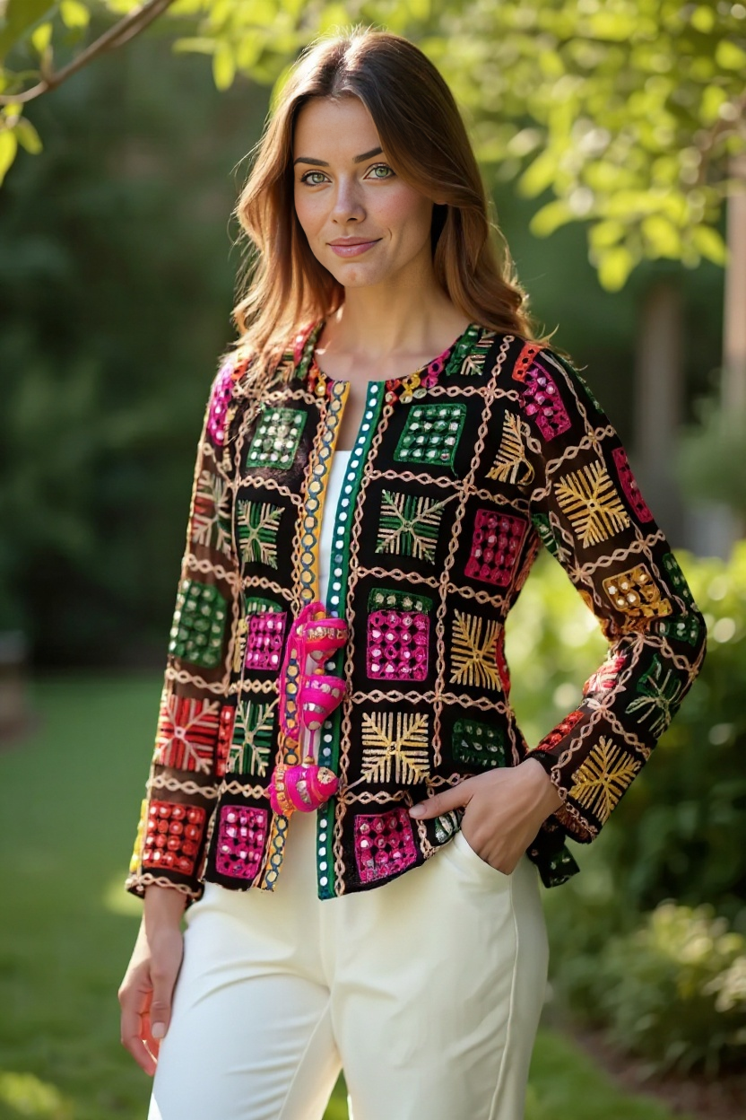 Boho Phulkari Mirror Work Kurti – Multicolor Embroidered Jacket Style