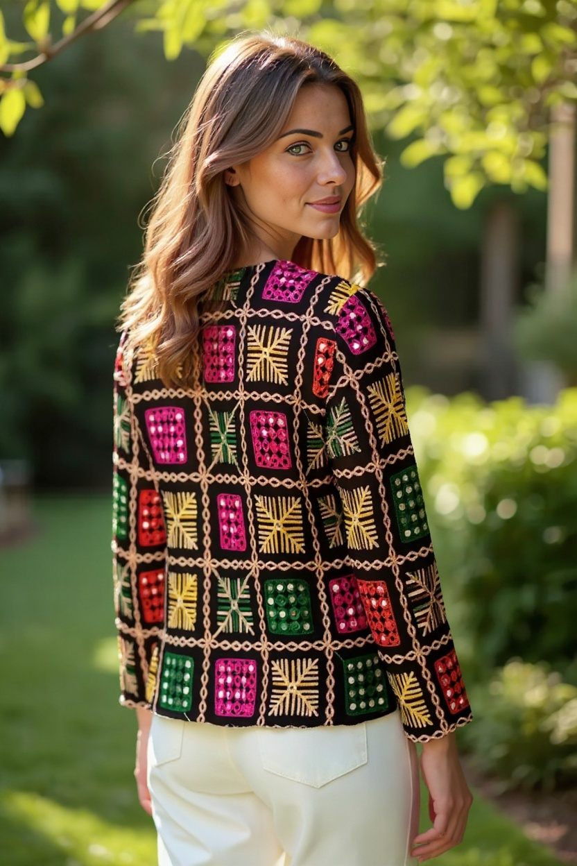 Boho Phulkari Mirror Work Kurti – Multicolor Embroidered Jacket Style