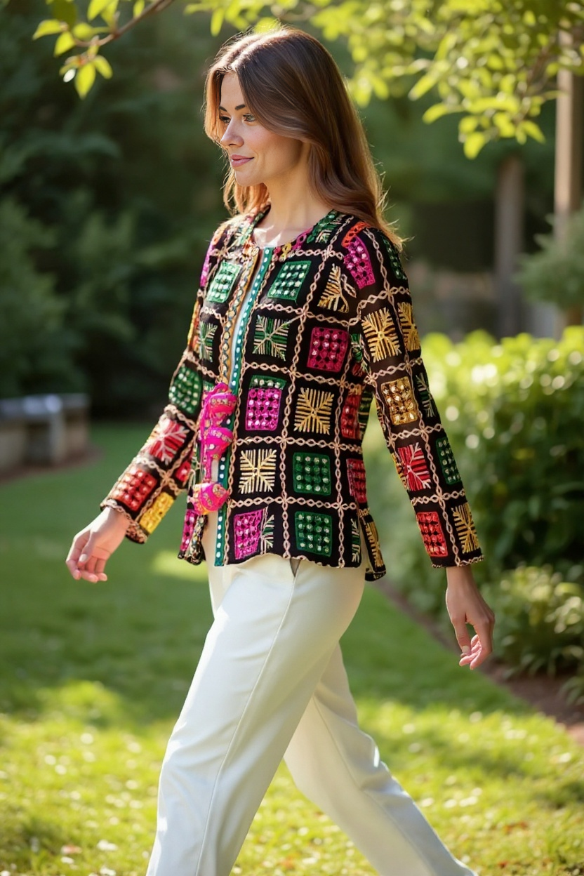 Boho Phulkari Mirror Work Kurti – Multicolor Embroidered Jacket Style