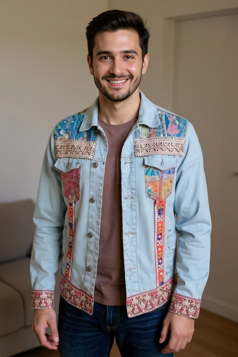Men’s Denim Jacket with Jaipuri Patchwork & Hand Embroidery Detailing