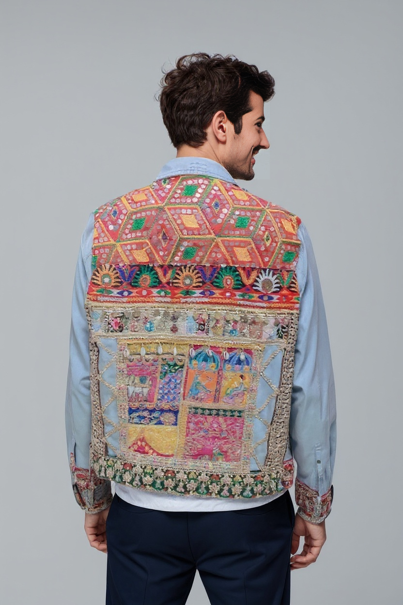 Men’s Denim Jacket with Jaipuri Patchwork & Hand Embroidery Detailing