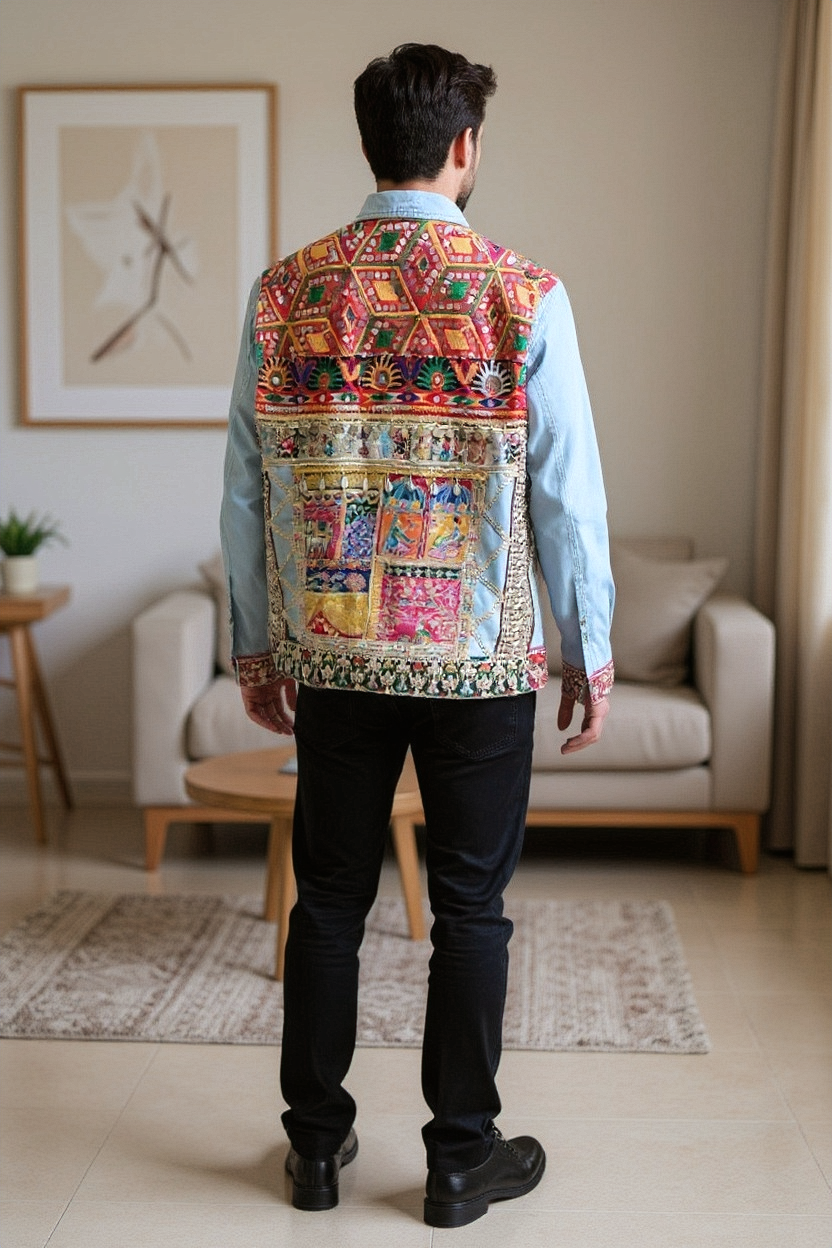 Men’s Denim Jacket with Jaipuri Patchwork & Hand Embroidery Detailing