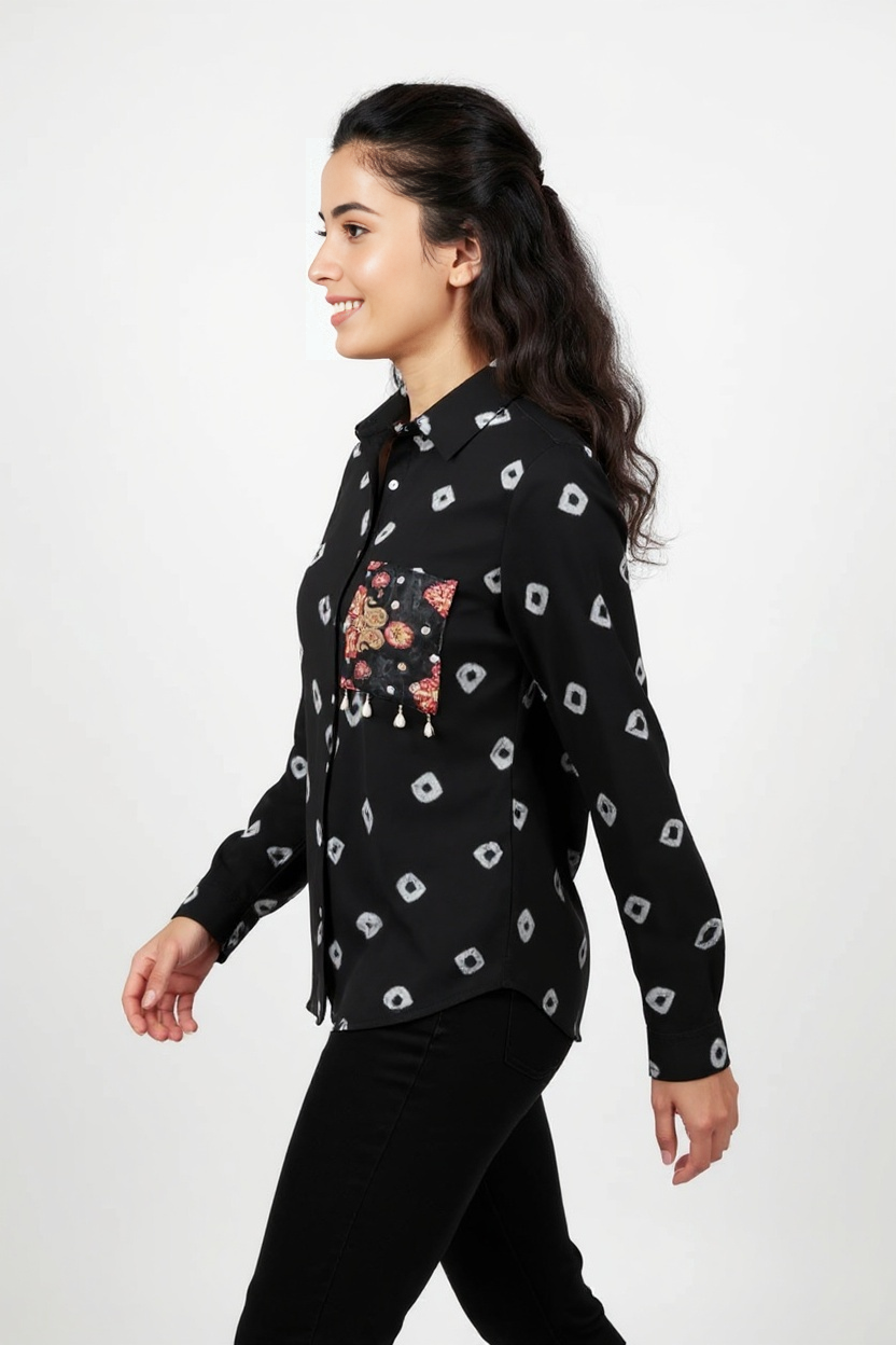 Black Women Bandhani Fusion Shirt with Boho Patchwork Pocket