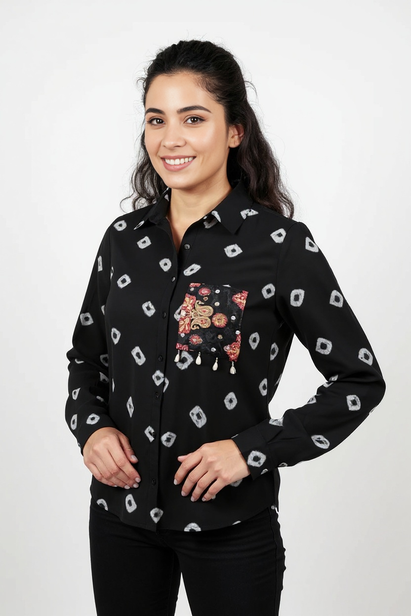 Black Women Bandhani Fusion Shirt with Boho Patchwork Pocket