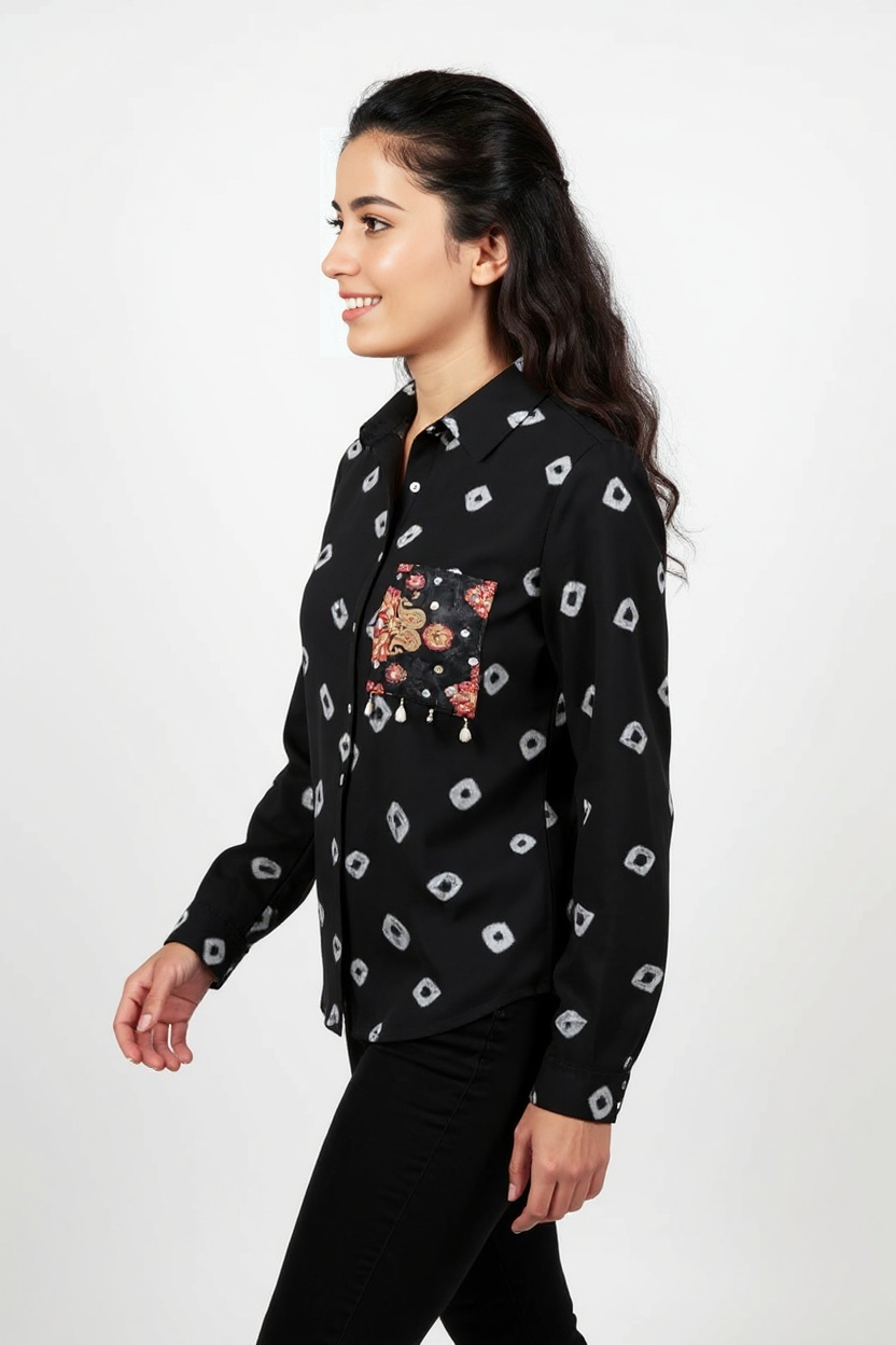 Black Women Bandhani Fusion Shirt with Boho Patchwork Pocket