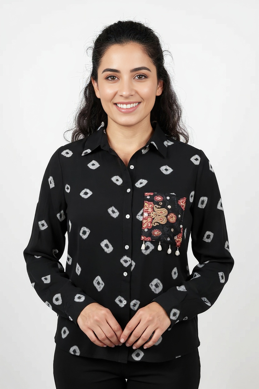 Black Women Bandhani Fusion Shirt with Boho Patchwork Pocket
