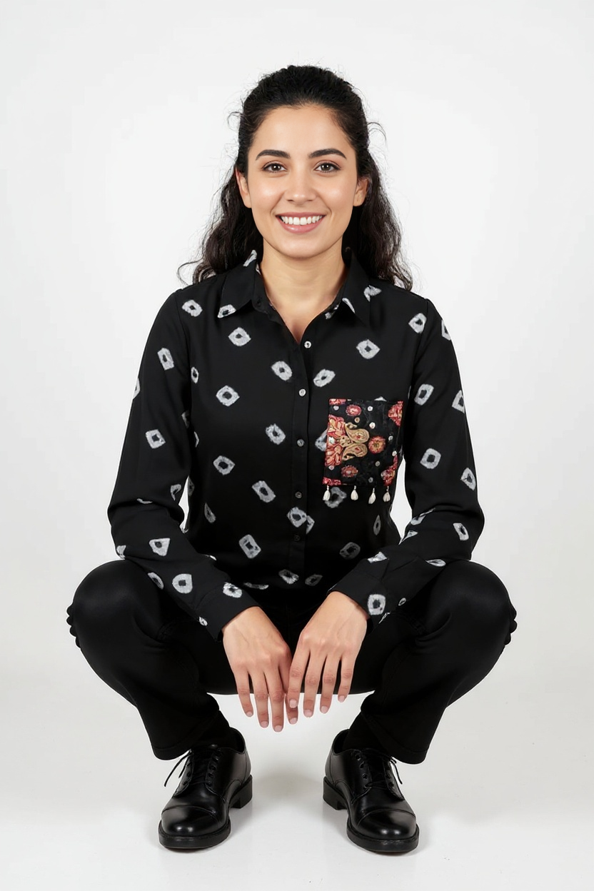 Black Women Bandhani Fusion Shirt with Boho Patchwork Pocket