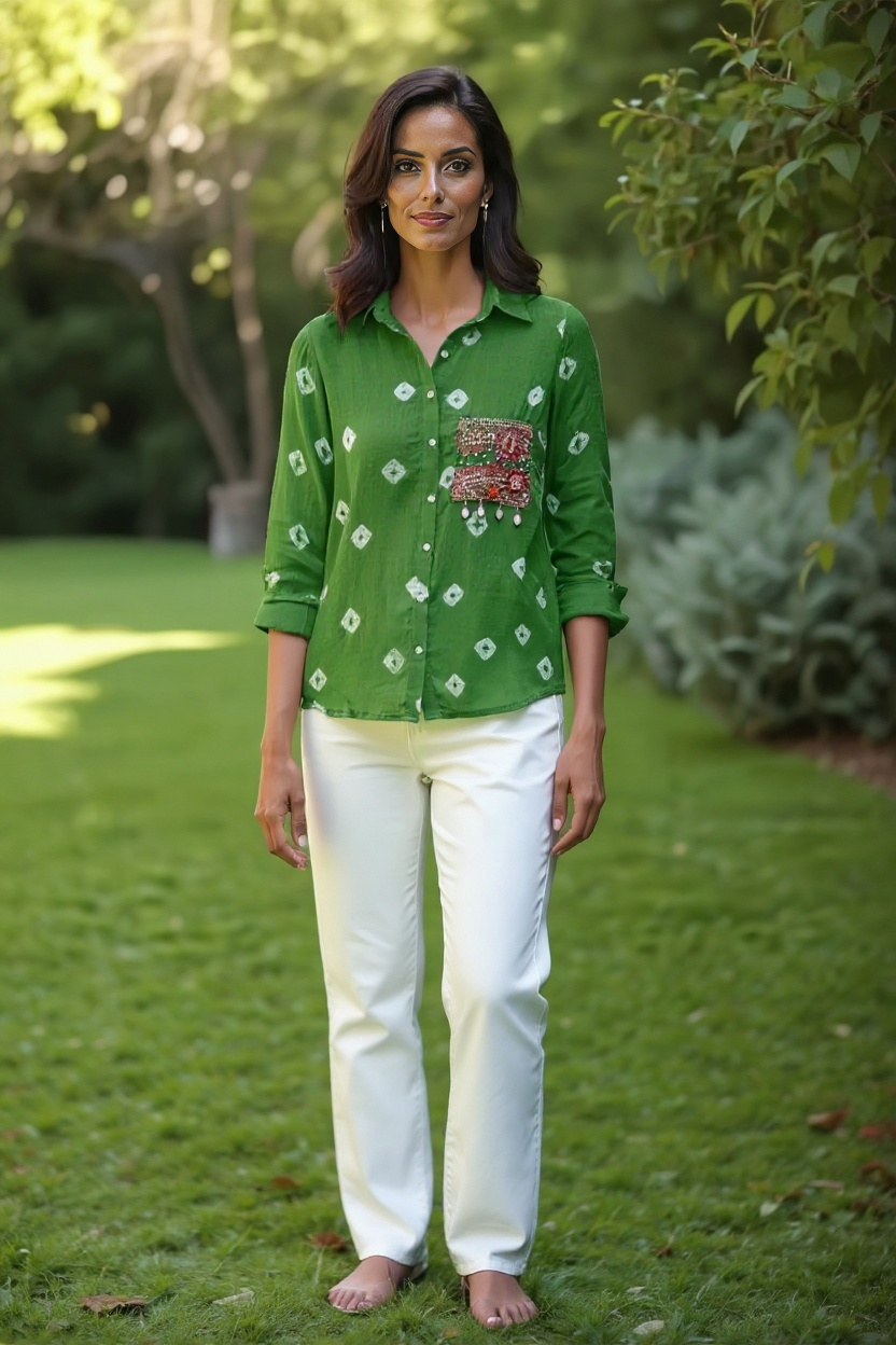 Green Bandhani Shirt with Embellished Boho Pocket