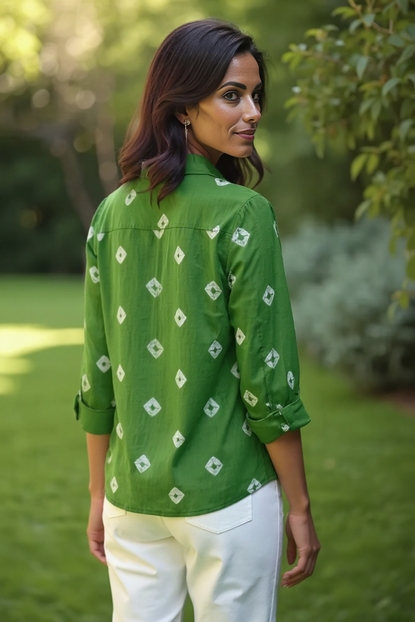 Green Bandhani Shirt with Embellished Boho Pocket