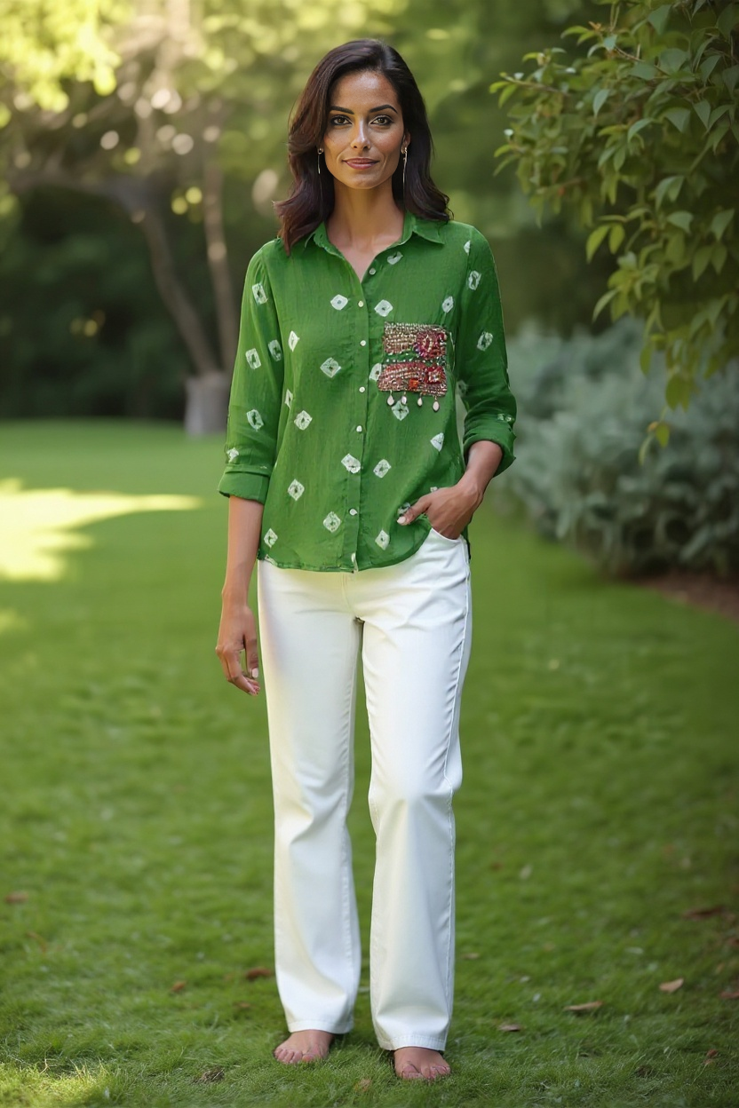 Green Bandhani Shirt with Embellished Boho Pocket