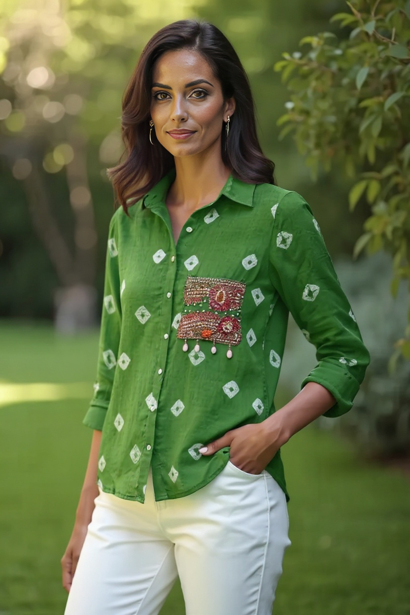 Green Bandhani Shirt with Embellished Boho Pocket