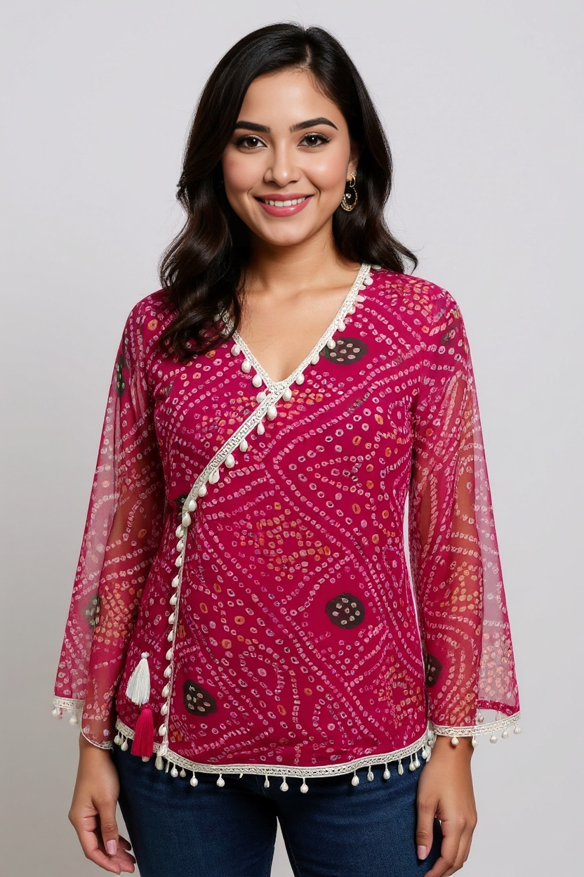 Pink Bandhani Wrap Top with Tassel & Lace Detailing
