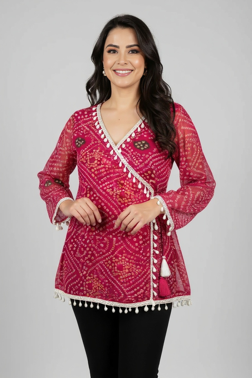 Pink Bandhani Wrap Top with Tassel & Lace Detailing