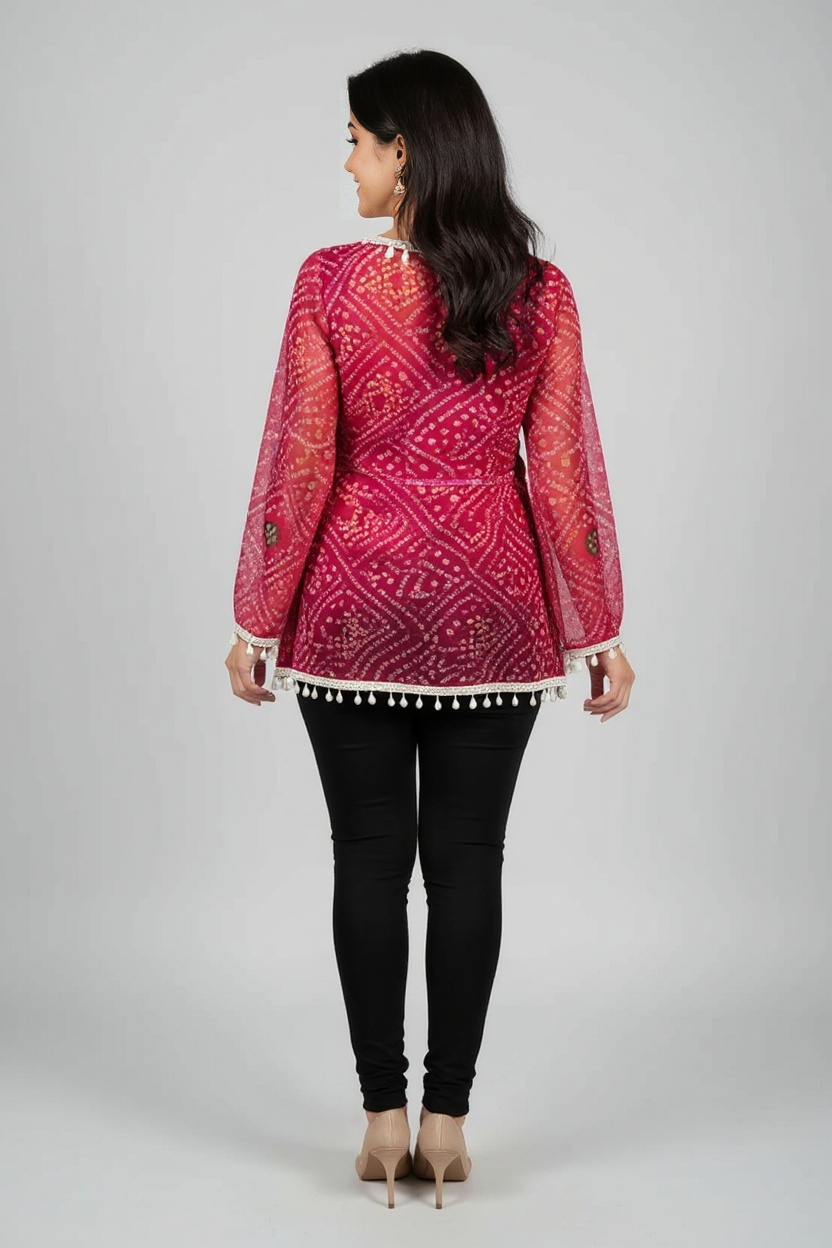 Pink Bandhani Wrap Top with Tassel & Lace Detailing