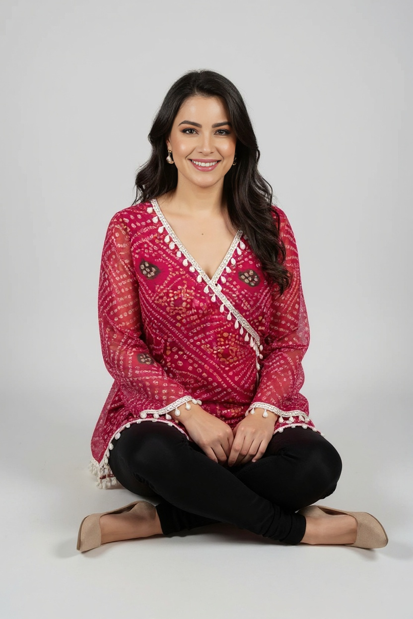 Pink Bandhani Wrap Top with Tassel & Lace Detailing