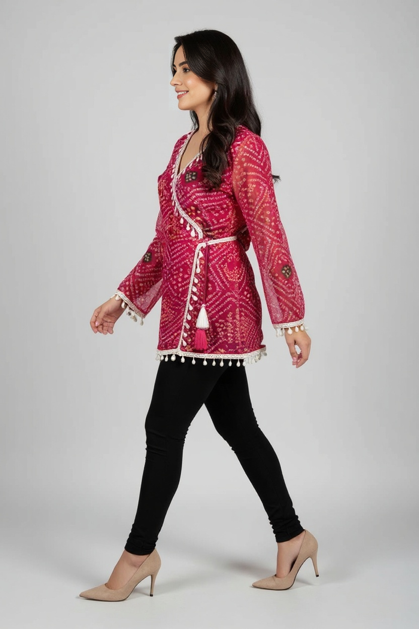 Pink Bandhani Wrap Top with Tassel & Lace Detailing