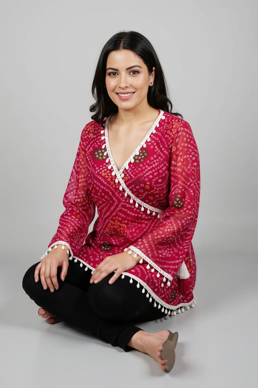 Pink Bandhani Wrap Top with Tassel & Lace Detailing