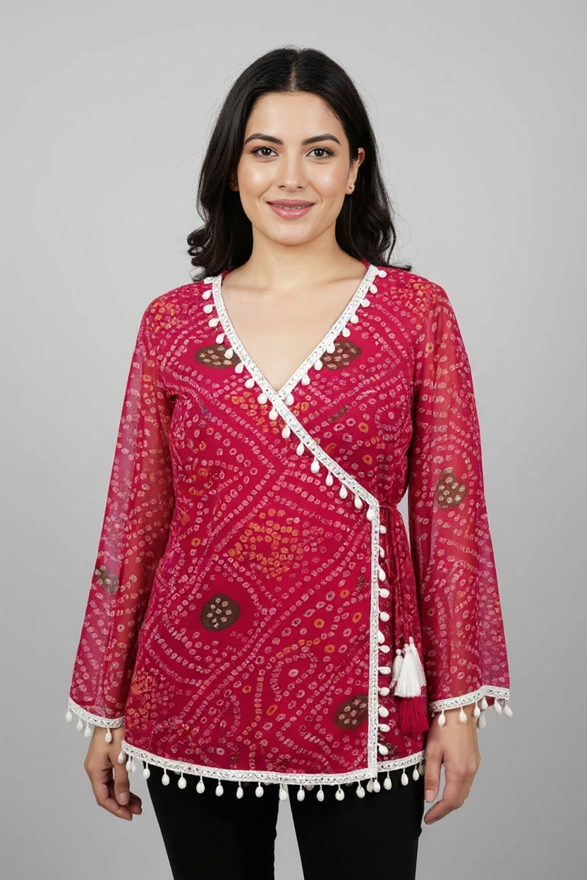 Pink Bandhani Wrap Top with Tassel & Lace Detailing