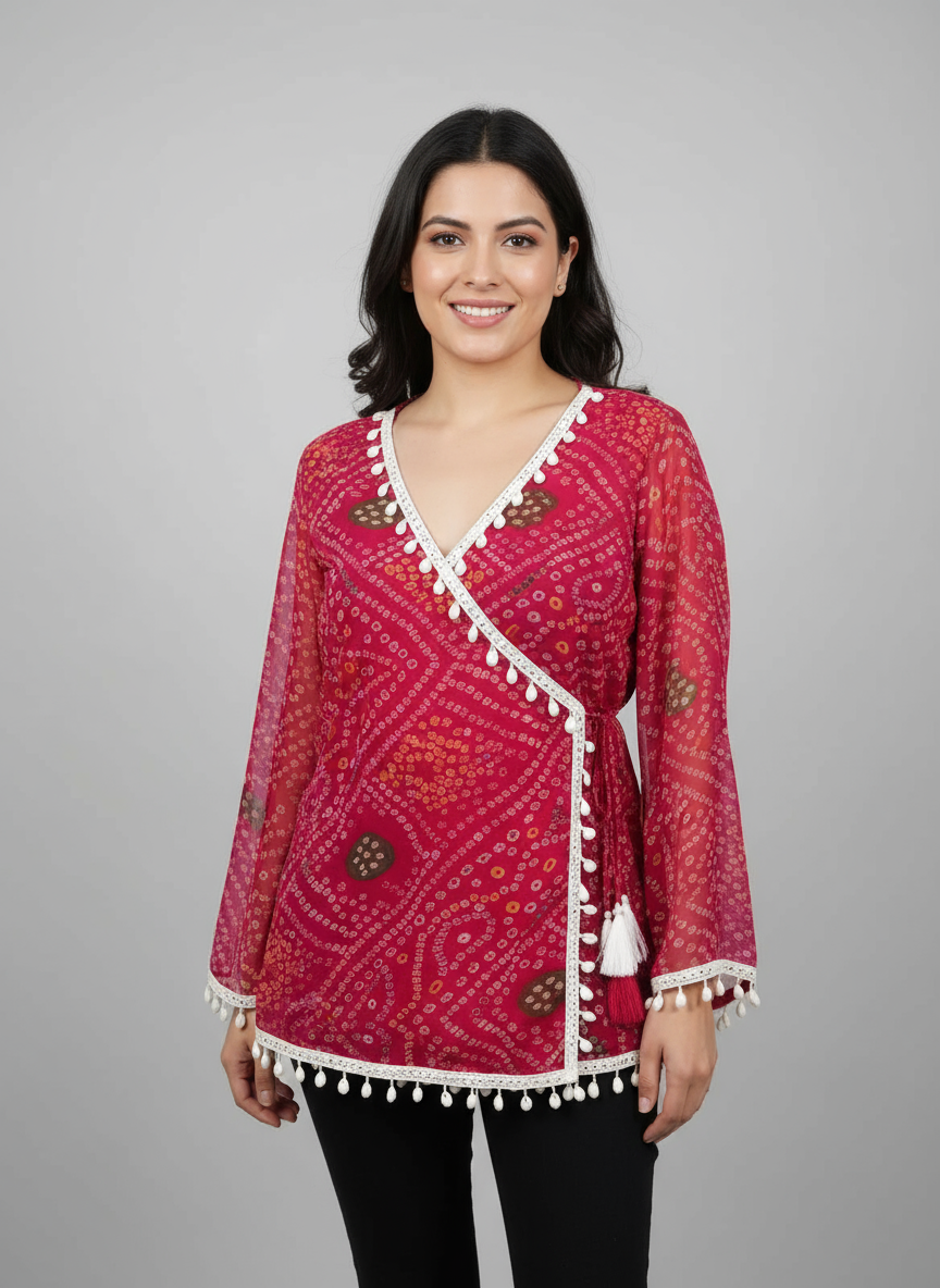 Pink Bandhani Wrap Top with Tassel & Lace Detailing