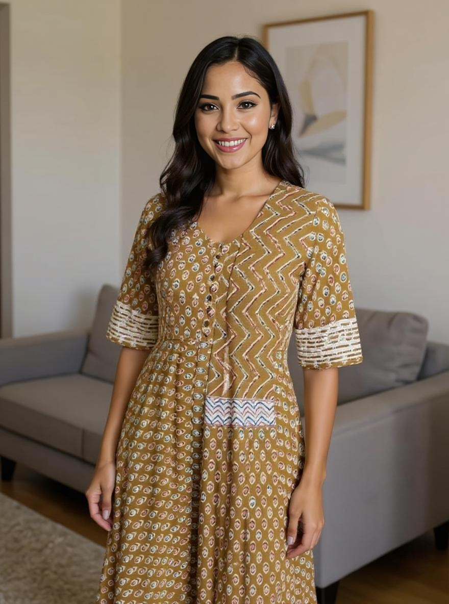 Zariya Mustard Block Print Anarkali Kurta Set