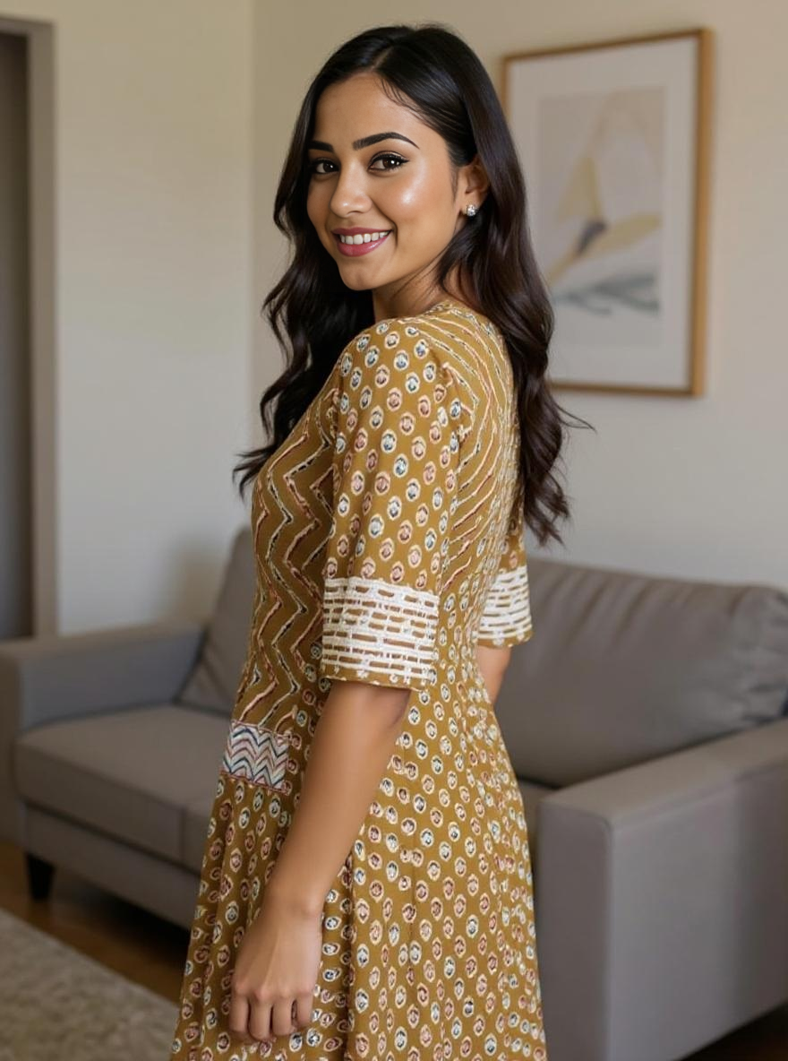 Zariya Mustard Block Print Anarkali Kurta Set