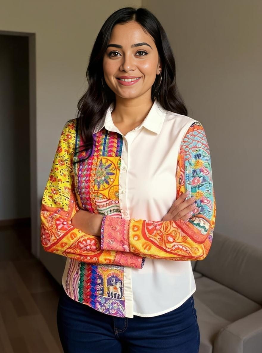 White Handcrafted Patchwork Shirt with Artistic Hand Embroidery – Boho Fusion Wear