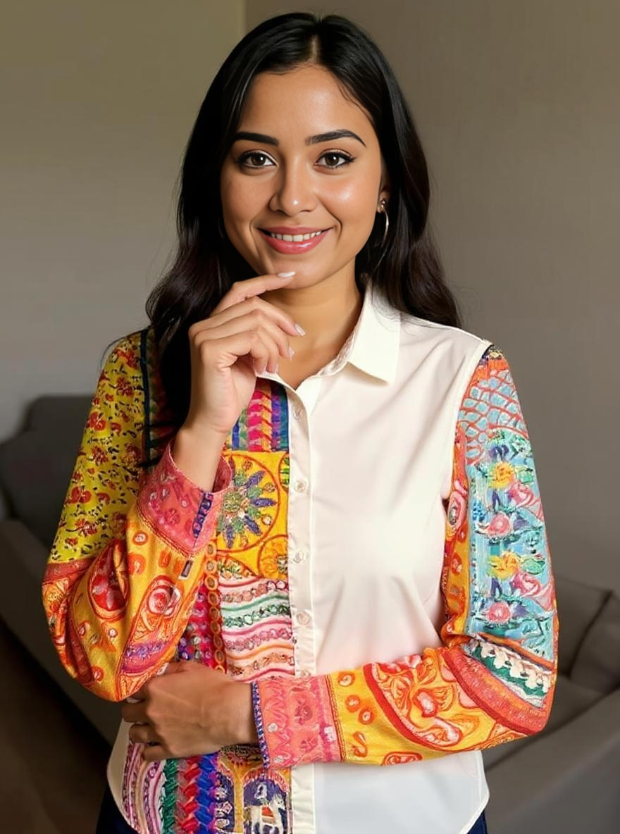 White Handcrafted Patchwork Shirt with Artistic Hand Embroidery – Boho Fusion Wear