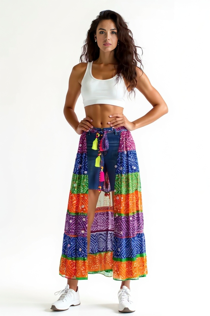 Multi-Color Bandhini Layered Skirt with Tassel