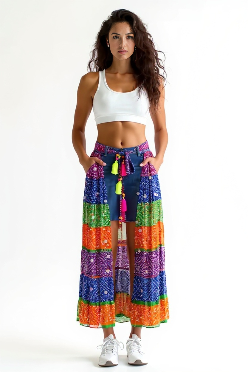 Multi-Color Bandhini Layered Skirt with Tassel