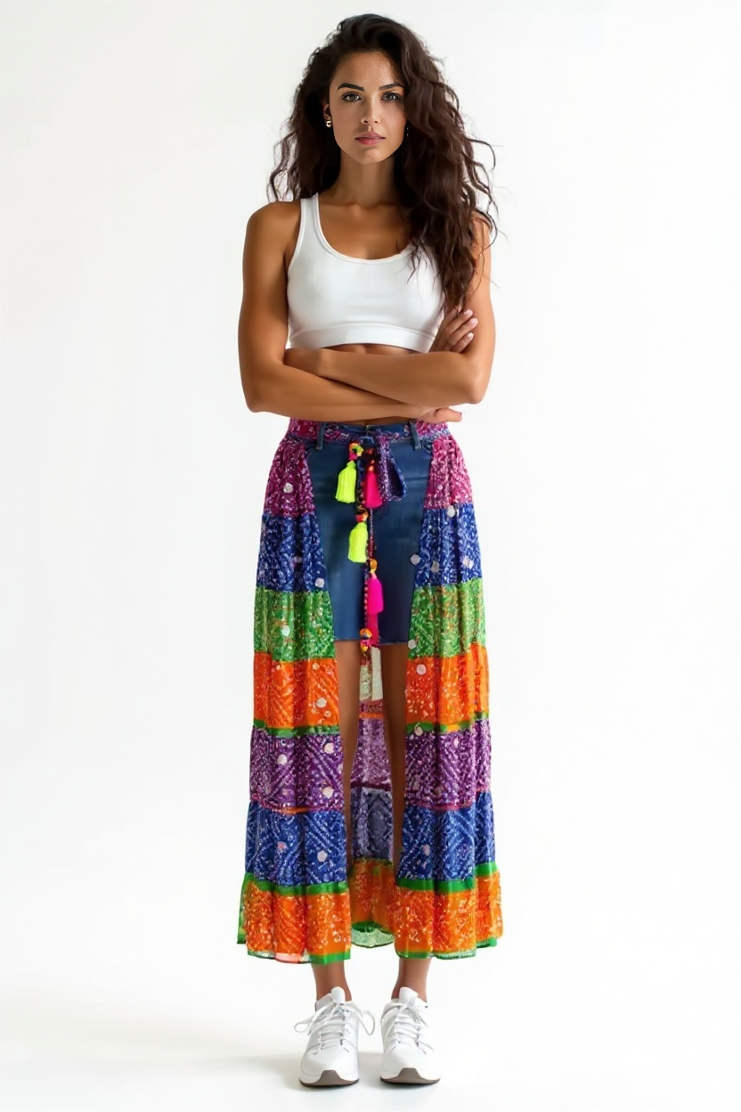 Multi-Color Bandhini Layered Skirt with Tassel