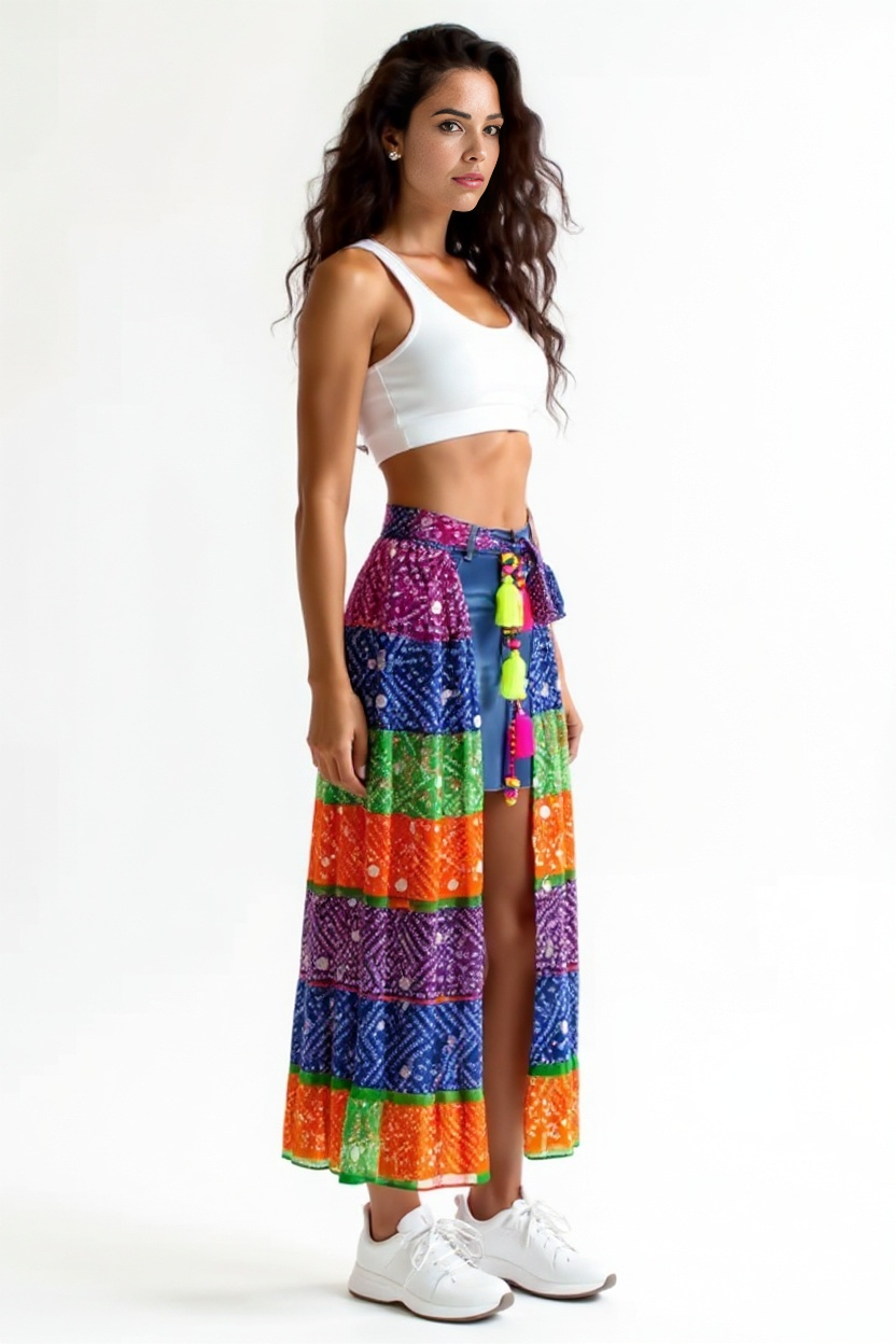 Multi-Color Bandhini Layered Skirt with Tassel